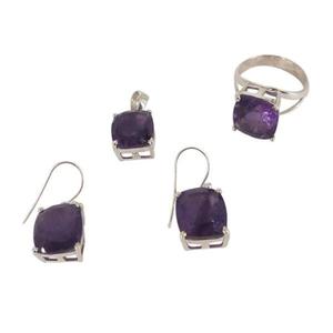 Ensemble de bijoux en argent 925 avec améthyste, serti carré, collier, boucles d'oreilles et bague classiques pour femme, à porter au quotidien - Product Image 1