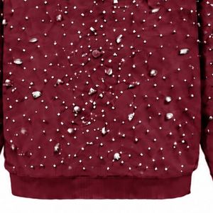 Sweat-shirt à capuche zippé bordeaux orné de perles, veste streetwear à manches longues avec poches avant - Product Image 6