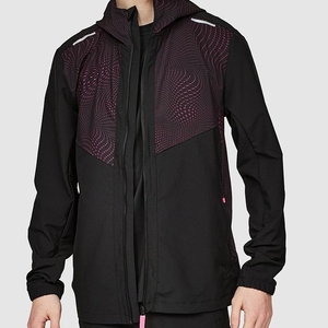 Nouvelle arrivée, veste coupe-vent noire à capuche pour homme, imprimé géométrique, fermeture éclair intégrale, vêtements de sport, vêtements d'extérieur pour l'automne - Product Image 1