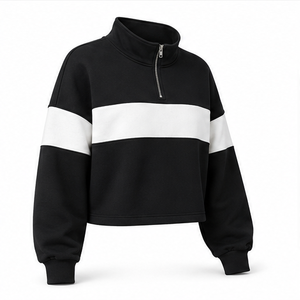 Customize Jet <b>Black</b> Womens Oversized Half Zip Cropped Sweatshirt Rib Cuff Soft Knit <b>Fleece</b> WHZCROP-0002 - Product Image 3
