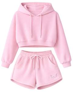 Conjunto de Sudadera Corta y Pantalones Cortos Rosa Bebé para Mujer, Estampado de Mariposas, Atuendo Casual de Dos Piezas, Ropa de Estar de Algodón y Felpa, Fabricante Mayorista - Product Image 1