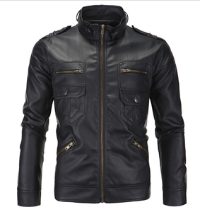 Chaqueta de Motociclista de Cuero Vacuno Genuino Negro para Hombre, con Cuello Alto y Cierre Frontal - Product Image 1