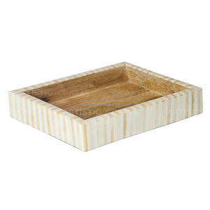 Plateau rectangulaire en incrustation d'os bleu et blanc fait à la main Vintage servant en bois maison cuisine Table décoration rayure Design plateau - Product Image 2