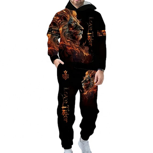 <b>Men</b> Flame Lion Print Hooded Tracksuit Full Sleeve Casual Autumn Wear Breathable <b>Polyester</b> Sweatshirt <b>Jogger</b> Set - Product Image 1