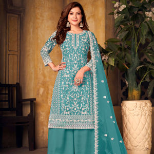 Embroidered <b>Net</b> Semi-Stitched Modern Plazzo Suit for Women-Party & Wedding Occasions - Product Image 1
