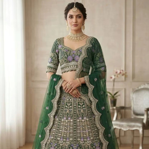 ชุดเลเฮนกาโชลีสีเขียวเข้มหรูหราปักลายหนัก พร้อมผ้าคลุมไหล่เน็ต – ชุดเจ้าสาวและชุดงานเทศกาลสำหรับผู้หญิง ออกแบบโดยดีไซเนอร์ - Product Image 1