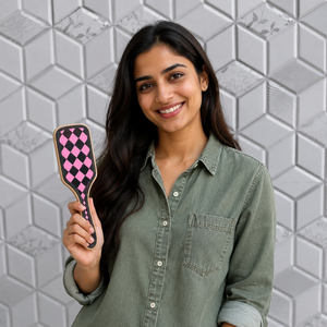 2026 New Design Handmade Hand Tooled Leather Wooden Hair Brush With Pink & Black Checkered Pattern Minimalist Design - Product Image 3