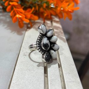 Anillo de Plata de Ley 925 Hecho a Mano al por Mayor con Turquesa Búfalo Blanca Multicorales, Estilo Bohemio Vintage, Gema Opaca - Product Image 2