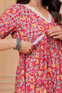 Red Floral Print Cotton <b>Three</b> Quarter Sleeve Casual Fit Flare Midi Dress with Maternity Feeding Gown for Daily Wear - Product Image 5
