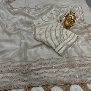 Sari indio premium de diseñador con cuentas, el último modelo de sari de satén de seda, sari con cuentas de oro rosa herenciales, sari de satén con calados. - Product Image 1