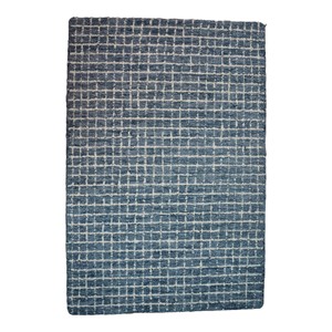 Tapis moderne en laine tufté à la main, motif géométrique quadrillé bleu, à poils ras, haute densité, coupé et bouclé - Product Image 5