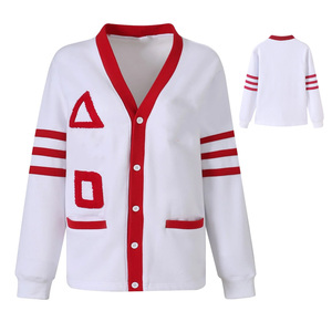 Cárdigan Personalizado con Letras Griegas Estilo Universitario |   Suéter de punto con cuello en V y botones al frente, mangas a rayas y bolsillos |   Hermandad Universitaria - Product Image 1