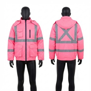 300 GSM Canvas <b>Pink</b> Reflective Hooded Safety Workwear <b>Jacket</b> with Custom Logo <b>Waterproof</b> & Breathable - Product Image 1