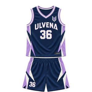 Custom <b>Mens</b> <b>Navy</b> Purple White Basketball Uniform Set V Neck Sleeveless Jersey <b>Shorts</b> Side Panels Team Name Number Wholesale Kits - Product Image 4