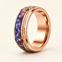 Roségold Wolframcarbid-Ring mit Sternenhimmel- und Opal-Einlage, Polierte Kante, Komfortabler Ehering, Verlobungs- und Versprechensschmuck