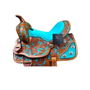 Sillín de caballo tipo barril vaquero de cuero marrón con diseño floral tallado a mano, asiento de gamuza turquesa, conchos de estrella y adornos de cristal, de 10 a 18 pulgadas - Product Image 1