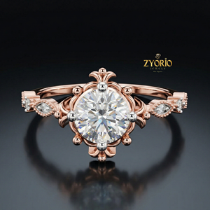 Vintage Round Cut 14K GOLD Lab Diamond <b>Solitaire</b> <b>Ring</b> Floral Womens Engagement <b>Ring</b> - Product Image 5