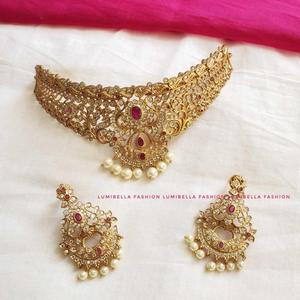 18K Gold Matte Choker with <b>Ruby</b> Floral Design Trendy Diamond Pearl <b>Necklace</b> - Product Image 1