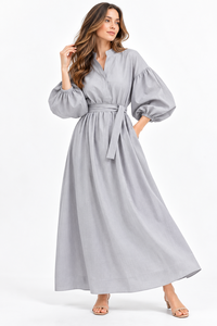 Vestido Largo de Verano 100% Algodón, Estilo Maxi, Corte en A, Manga Abullonada, Cuello en V, Cinturón con Lazo, Botones al Frente, Informal, para Vacaciones o Resort - Product Image 3