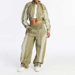 Customized 2 Piece Women's Striped Sports Tracksuit <b>Set</b> Summer Breathable Full Length Polyester Athletic Crop Top Wide Leg Pants - Product Image 1