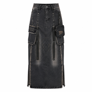Rebel Cute Utility Denim Skirt for Women Blue Black Y2K Maxi Cargo with Detachable Pouch Gothic Streetwear Details Summer/Winter - Product Image 1