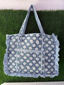 Premium Handmade Quilted Cotton Frill Tote Bag Floral Print Spacious Shoulder Carry Market Grocery Travel Bag - Product Image 4