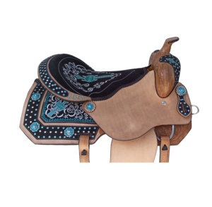 Leichtes blaues Kristall kreuz Design Western Leder Holz Sattel Weiches Wildleder Sitz Bequemer Lauf Racing Pleasure Trail Pferde größe - Product Image 4