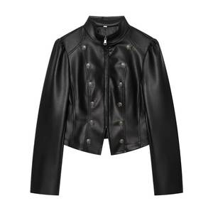 Chaqueta de Motocicleta de Cuero PU para Mujer, Cuello Alto, Manga Larga Abullonada, Doble Botonadura, Corta, Color Sólido, para Otoño - Product Image 1