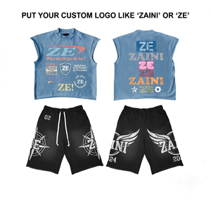 <b>Men</b> Sleeveless <b>Short</b> <b>Set</b> Premium 220 GSM Cotton Jersey Blue Tank <b>Top</b> Black <b>Shorts</b> Custom Screen Print Streetwear Fashion Look - Product Image 1
