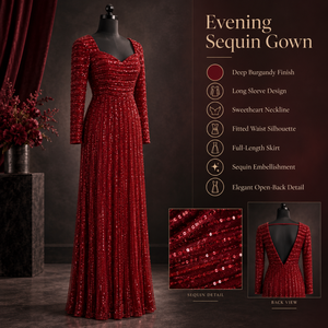 Vestido de Noche con Lentejuelas Color Borgoña |   Vestido Formal Largo con Escote Corazón, Manga Larga, Corte en A y Cintura Ajustada para Fiesta o Boda - Product Image 5