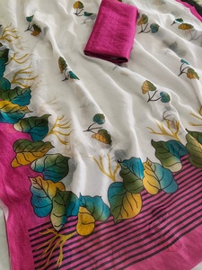 Sari de Lino Suave con Estampado Floral Completo y Blusa Moderna Reversible de Secado Rápido para Todas las Estaciones, Ideal para Diwali, Bodas y Fiestas - Product Image 3