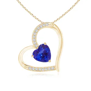 ผู้จัดจำหน่ายเครื่องประดับคุณภาพพรีเมียม จี้รูปหัวใจ ทองคำแท้ 18k ประดับไพลินสีน้ำเงิน จี้รูปหัวใจเอียง พร้อมสร้อยคอประดับเพชร - Product Image 1
