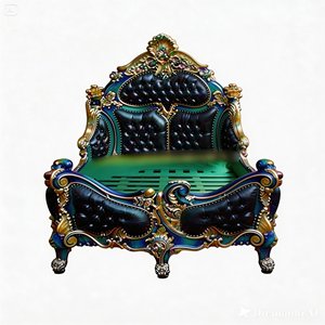 Cama de Madera de Teca y Caoba Francesa de Estilo Barroco, Tallada a Mano, Acabado Dorado, Color Azul Verde Antiguo, Lujosa y Celestial, Hecha en Indonesia, en Oferta - Product Image 6