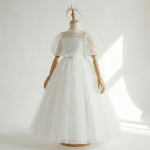 Nouvelle Robe de Cérémonie Blanche en Tulle pour Petites Filles, Manches Courtes Bouffantes, Col Illusion en Dentelle, Style Robe de Bal, Collection Boutiques - Product Image 3