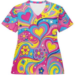 Women Teal Scrub Top Short Sleeve V-Neck Heart Print Stethoscope Design Pockets Hospital Uniform Blouse Needle Detection - Product Image 5