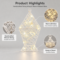 Lanterne Ramadan Fanous, petite, en fil de fer crème, forme rectangulaire, perles LED blanc chaud, piles AA, pour la décoration de table à la maison pour l'Aïd