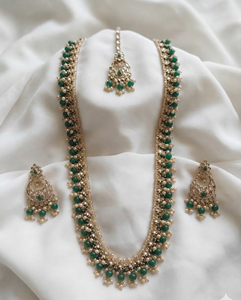 Lucentarts Jewellery Antique Gold Plated Zircon <b>Beaded</b> Long Necklace Earring <b>Set</b> MaangTikka Traditional Indian Wedding Party - Product Image 1
