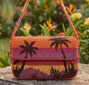 Palm Tree Design <b>Seed</b> Bead Beach Scene Women Shoulder Purse Premium Trendy Fashion Designer Evening Bag Elegant Bridal Accessory - Product Image 1