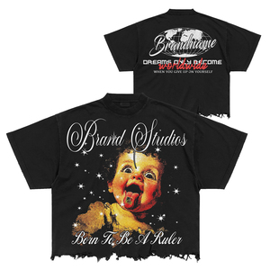 เสื้อยืดโอเวอร์ไซส์สีดำสำหรับผู้ชาย ลายพิมพ์รูปดาว สไตล์สตรีท ดีไซน์ขอบดิบ พิมพ์ลายแบบ DTG ทรงบ็อกซี่ฟิต ซักย้อมสีแบบแอซิดวอช ผ้าฝ้าย 100% เป็นมิตรต่อสิ่งแวดล้อม - Product Image 1