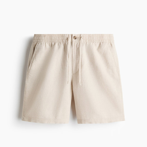 Shorts en jean beige pour homme, respirants, délavés, coupe droite, taille mi-haute, fermeture boutonnée, style décontracté d'été - Product Image 1