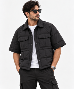 Men's Black Short Sleeve <b>Puffer</b> <b>Jacket</b> Boxy <b>Crop</b> Fit Turn-down Collar Chest Pockets Front Windproof Casual Autumn Wear - Product Image 1