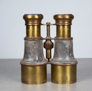Desktop brass binocular mounted on a small table tripod, with brown textured leather casing, available at wholesale prices. - Product Image 5