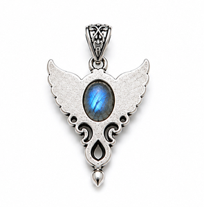 Labradorite Silver Pendant, Sterling Silver Wing Pendant, Blue Flash Labradorite <b>Necklace</b>, Gothic Angel Pendant, Statement - Product Image 2