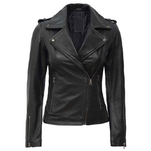Black Asymmetrical 100% Real Lambskin Leather Motorcycle <b>Jacket</b> for Women Slim-Fit Classic Lapel Collar - Product Image 2
