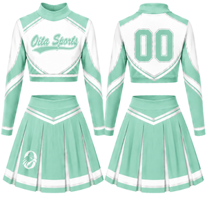 Olive Green <b>White</b> Sublimated Cheer <b>Long</b> Sleeve Uniform Set Pleated <b>Skirt</b> Athletic Team Sportswear Training Practice Performance - Product Image 1