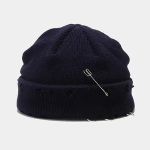 Unisex <b>Navy</b> Blue Knitted Beanie With Rivet Decoration Street Style Winter <b>Hat</b> 56-58CM Adult Casual Wear - Product Image 1