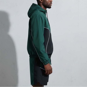 Men's Color Blocking <b>Track</b> Suit Set Green Black Hooded Zippered Jacket Shorts Quick Dry Sporty Polyester - Product Image 4
