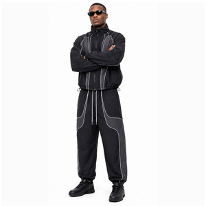 Ensemble de survêtement noir pour homme, manches longues, fermeture éclair sur le devant, sportif, deux pièces, coupe classique, vêtements d'automne, respirant, poches latérales - Product Image 4
