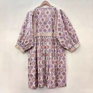 Vestido Midi Casual para Mujer, 100% Algodón Tejido, Estampado Floral Liso/Sólido, Detalles Estructurales, Cuello en V, Oversize, Manga Corta, Estilo Imperio - Product Image 4