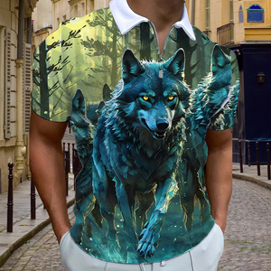 Polo pour homme à imprimé numérique Deep Jungle Wolf |   T-shirt artistique à fermeture éclair 1/4 par sublimation |   Vêtements d'été à motif animal bleu et vert - Product Image 5